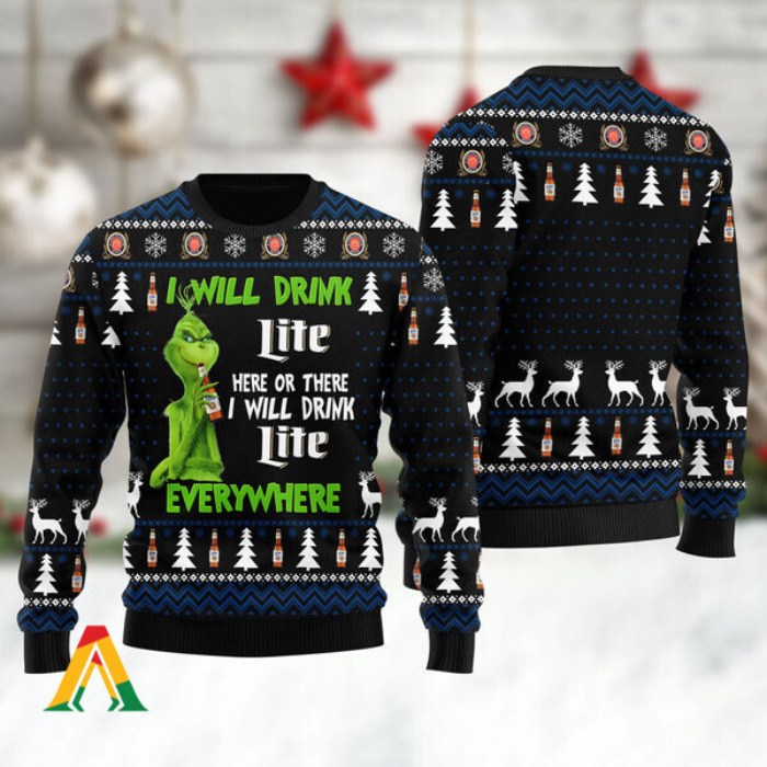 I Will Drink Miller Lite Everywhere Ugly Christmas Sweater Gift For Beer Drinkers