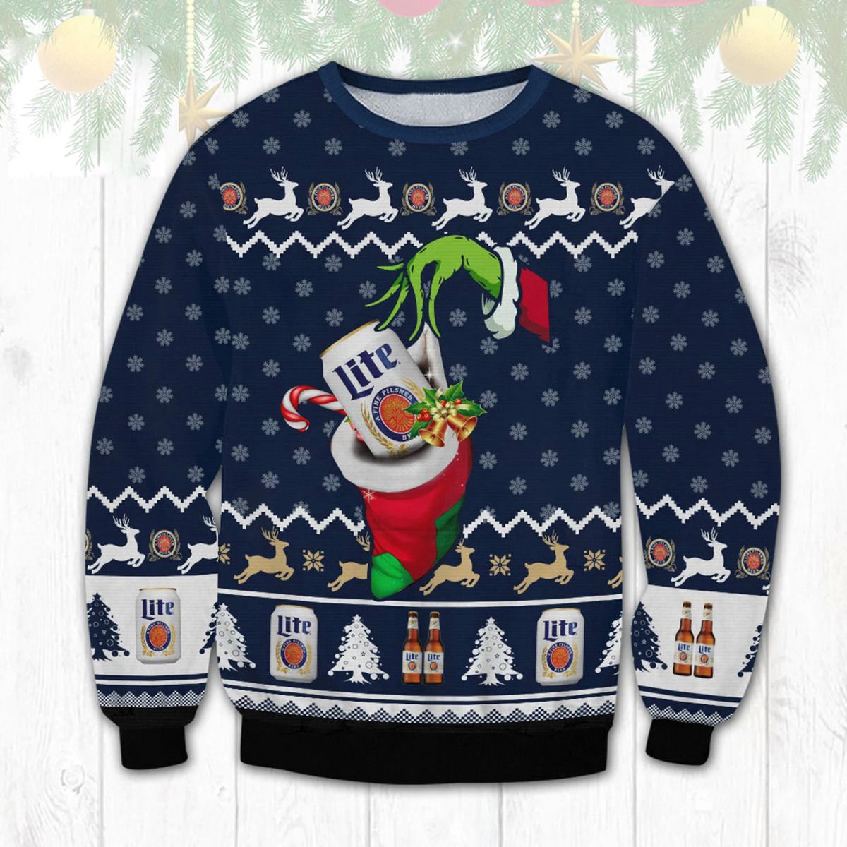 Christmas Miller Lite Beer Ugly Christmas Sweater The Grinch 