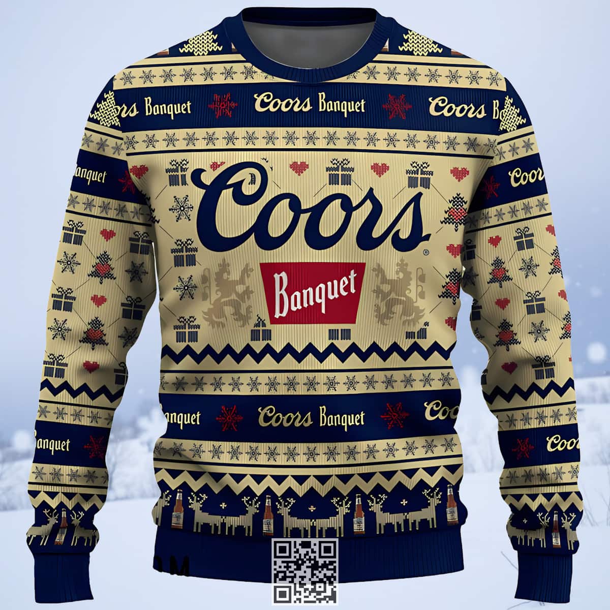 Coors Banquet Beer Ugly Christmas Sweater Snowing