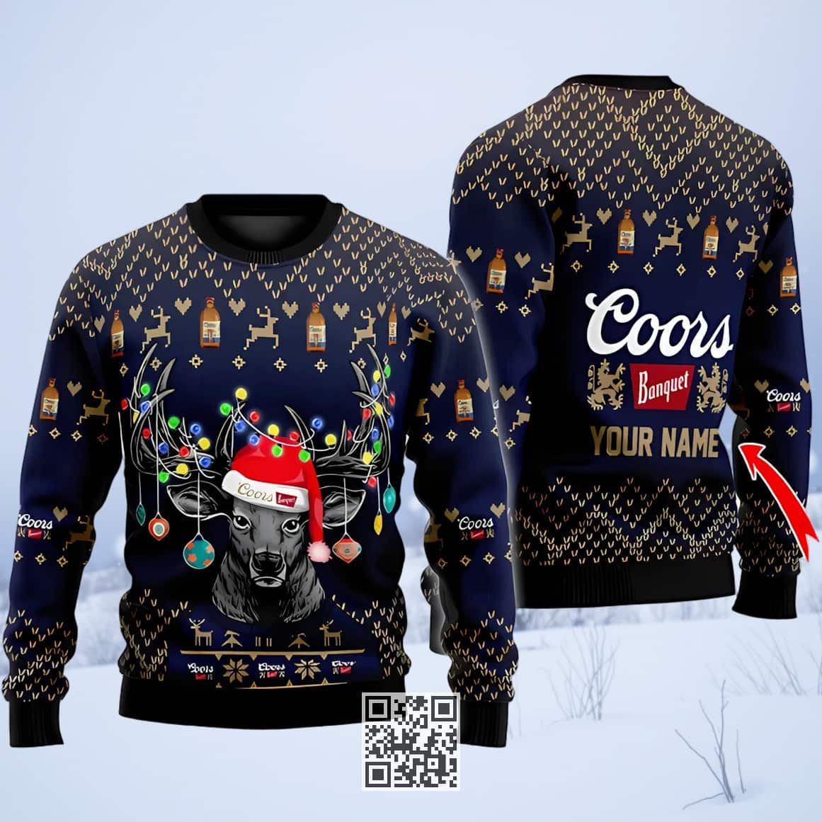 Personalized Coors Banquet Beer Ugly Christmas Sweater Reindeer Custom Name