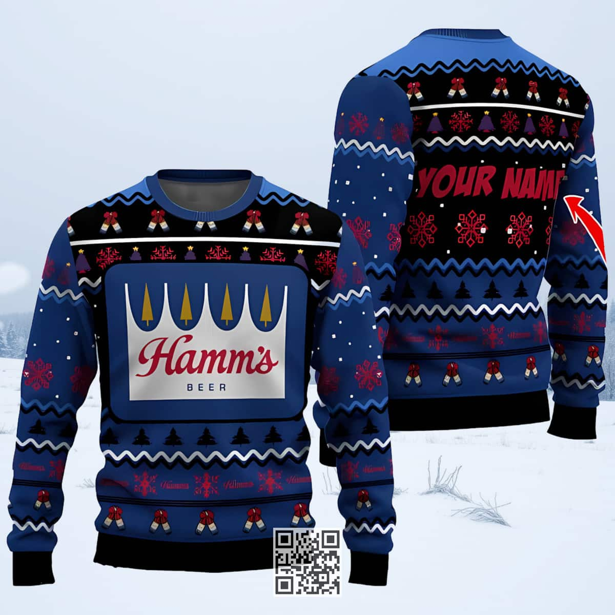 Personalized Hamm's Beer Ugly Christmas Sweater Pine Tree Snowing