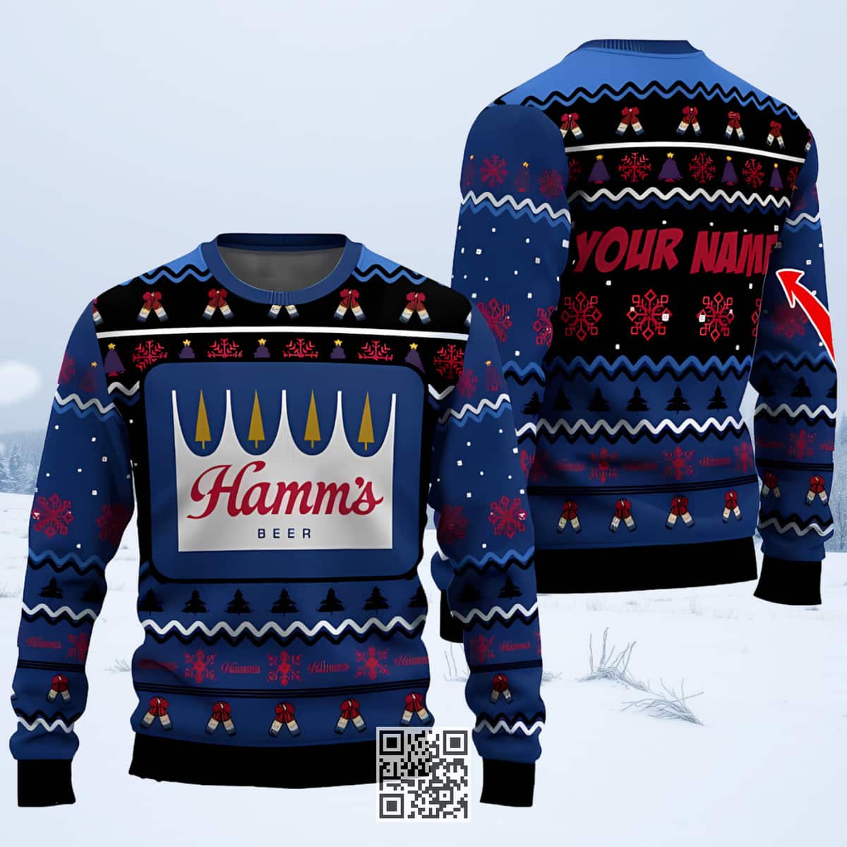 Personalized Hamm's Beer Ugly Christmas Sweater Pine Tree Snowing Personalized Hamm's Beer Ugly Christmas Sweater Pine Tree Snowing