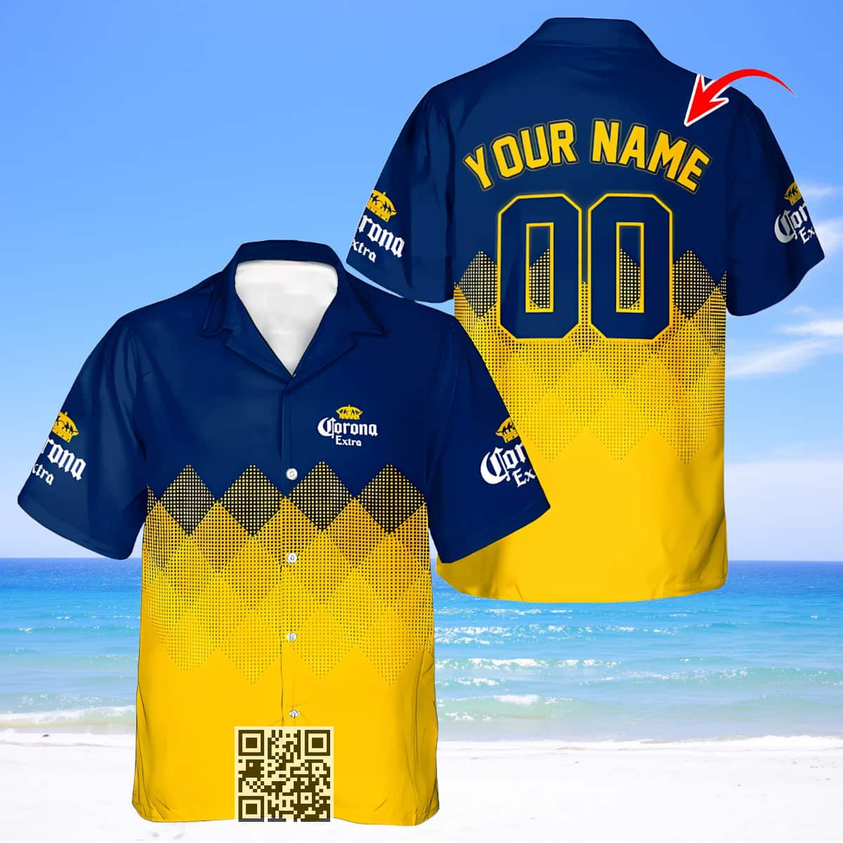 Personalized Corona Extra Beer Hawaiian Shirt Yellow Blue Halftone Custom Name