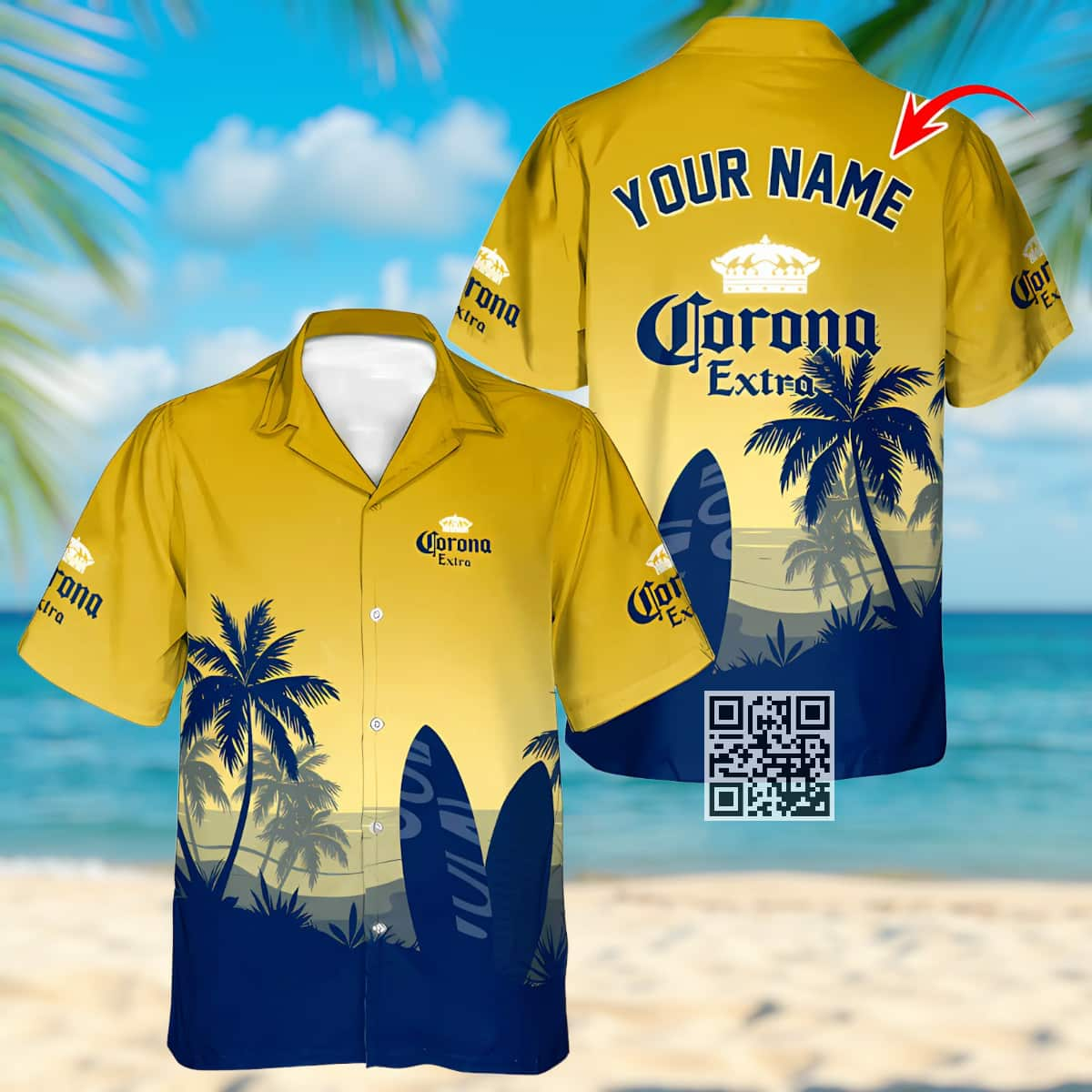 Personalized Corona Extra Beer Hawaiian Shirt Palm Tree Surfboard Custom Name