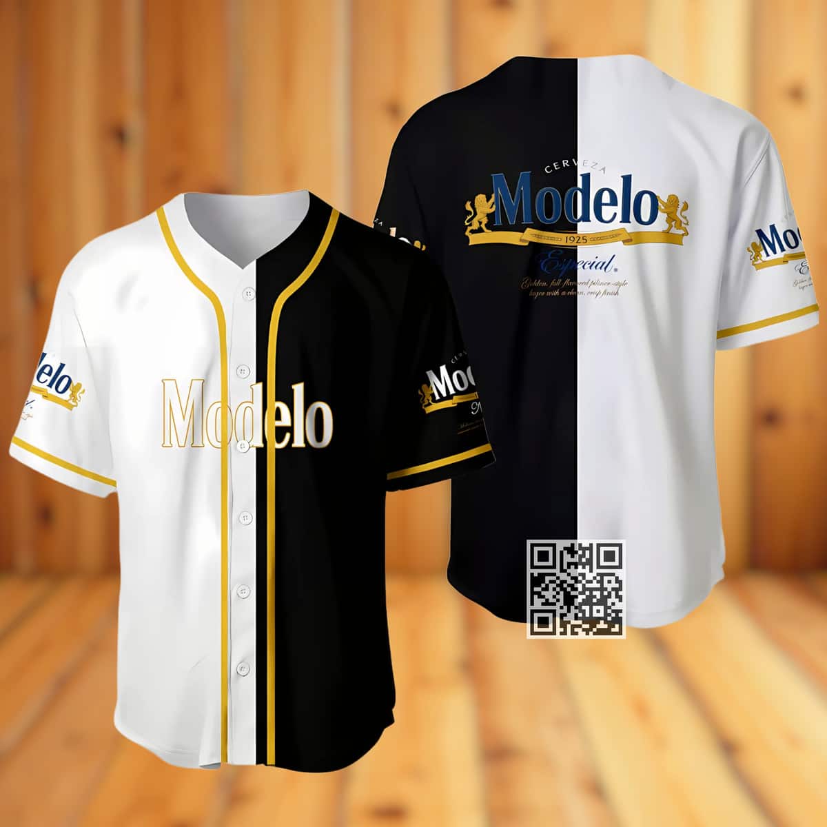 Black And White Split Modelo Especial Beer Baseball Jersey Black And White Split Modelo Especial Beer Baseball Jersey