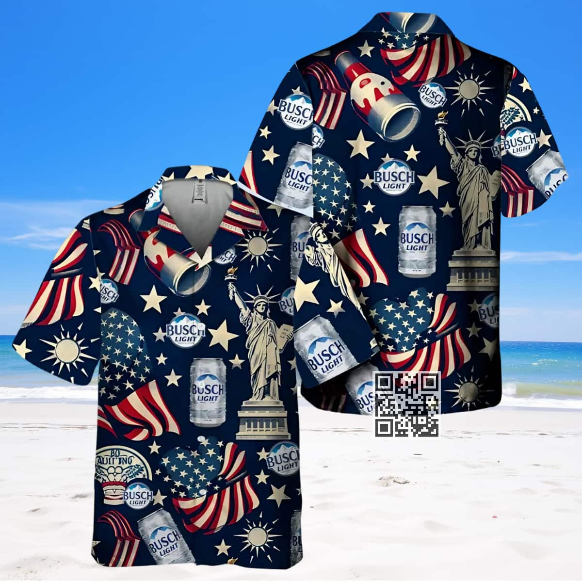 Busch Light Hawaiian Shirt US Flag Statue of Liberty