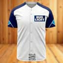 White And Blue Bud Light Beer Baseball Jersey White And Blue Bud Light Beer Baseball Jersey