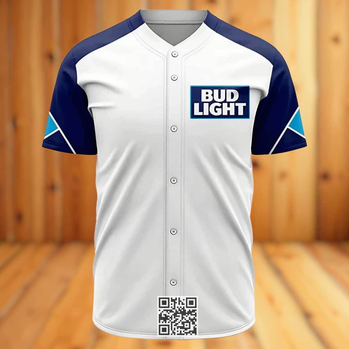 White And Blue Bud Light Beer Baseball Jersey White And Blue Bud Light Beer Baseball Jersey