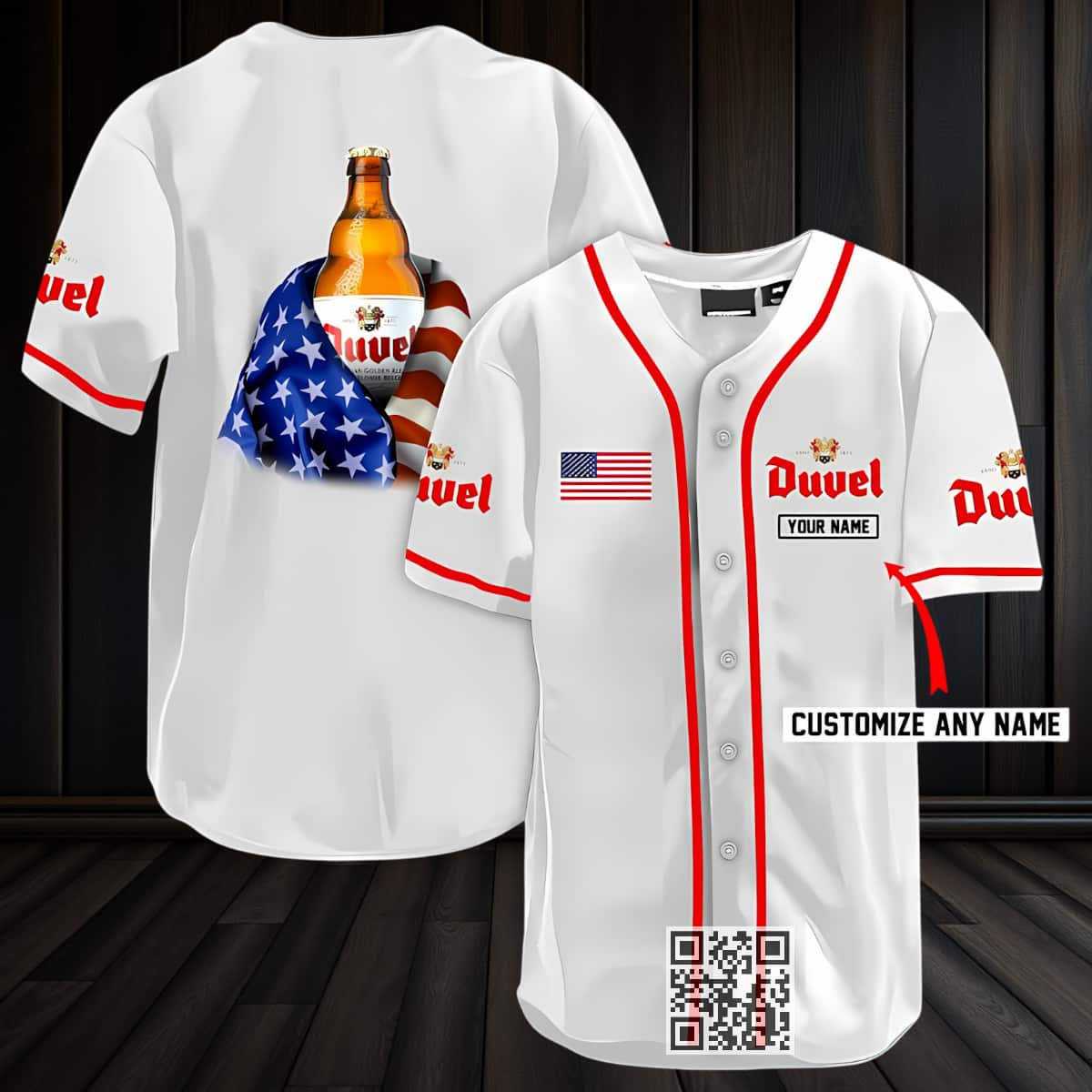 White Duvel Beer Baseball Jersey US Flag Custom Name