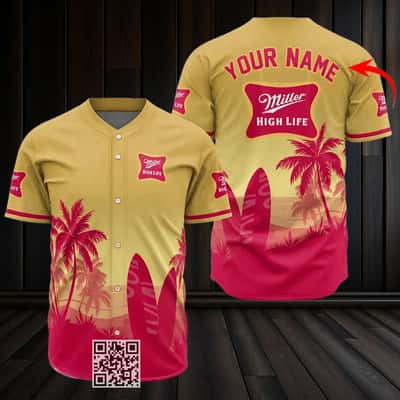 Personalized Miller High Life Baseball Jersey Palm Tree Surfboard Custom Name