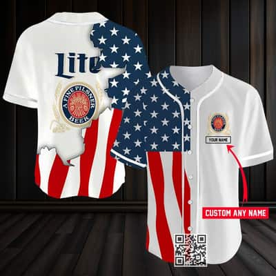 Personalized Miller Lite Beer Baseball Jersey US Flag Custom Name