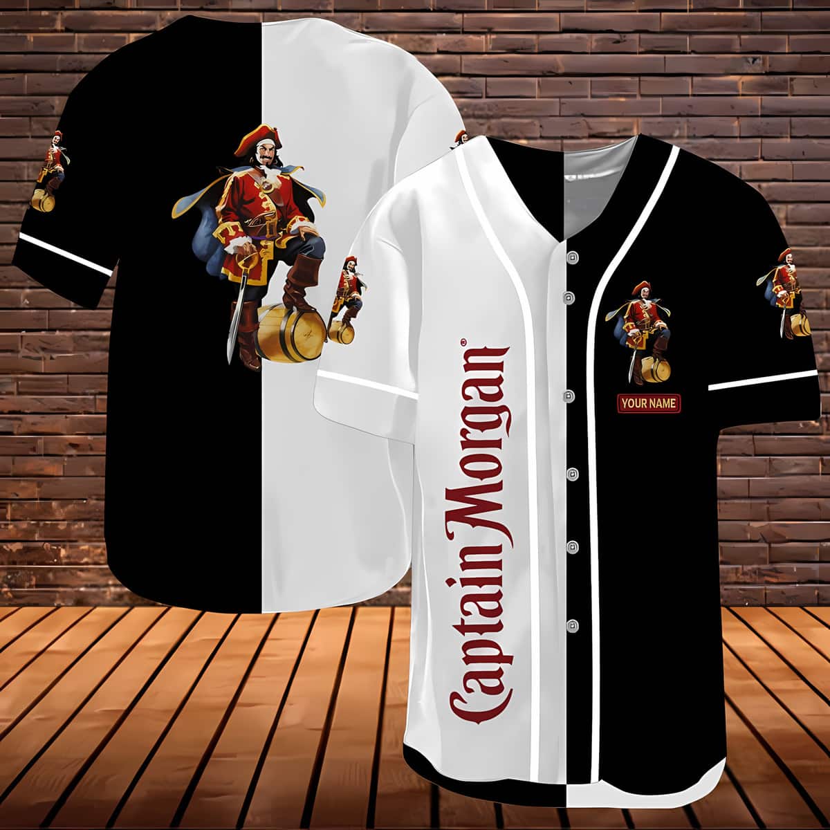 Split Black and White Captain Morgan Baseball Jersey Custom Name Split Black and White Captain Morgan Baseball Jersey Custom Name