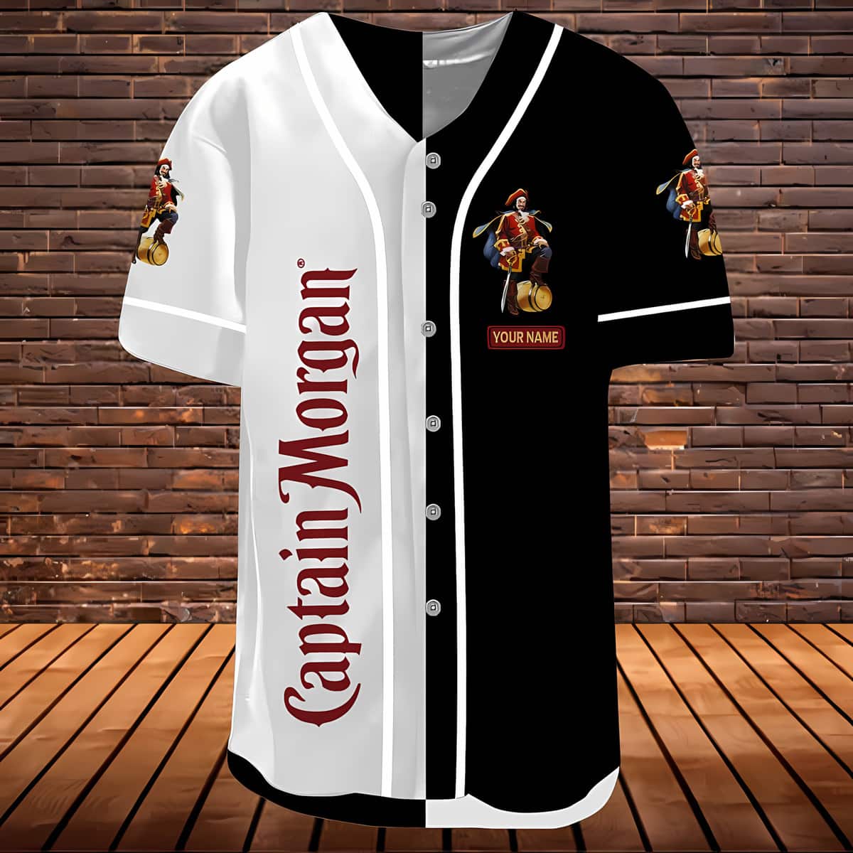Split Black and White Captain Morgan Baseball Jersey Custom Name Split Black and White Captain Morgan Baseball Jersey Custom Name