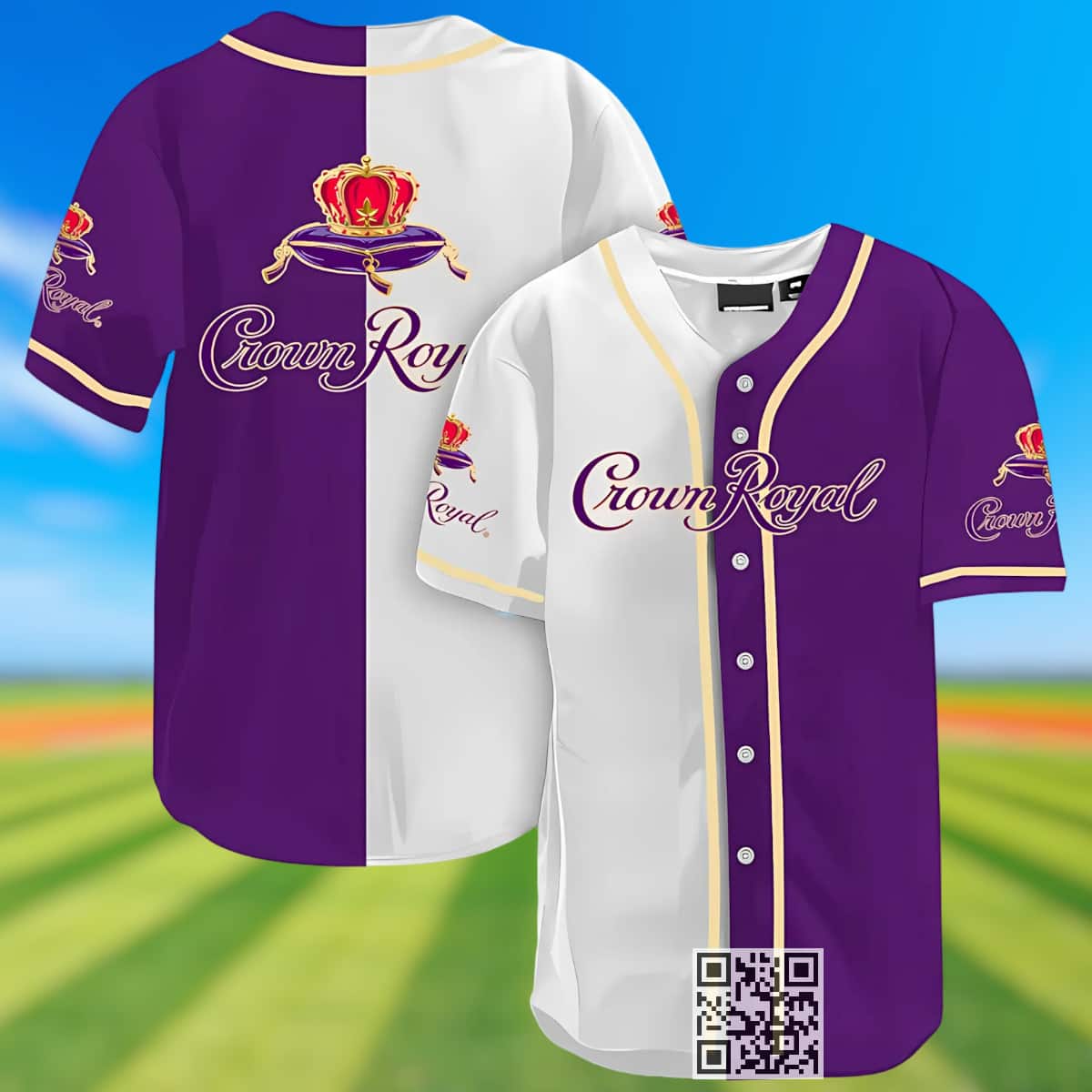 White And Purple Split Crown Royal Whisky Baseball Jersey White And Purple Split Crown Royal Whisky Baseball Jersey