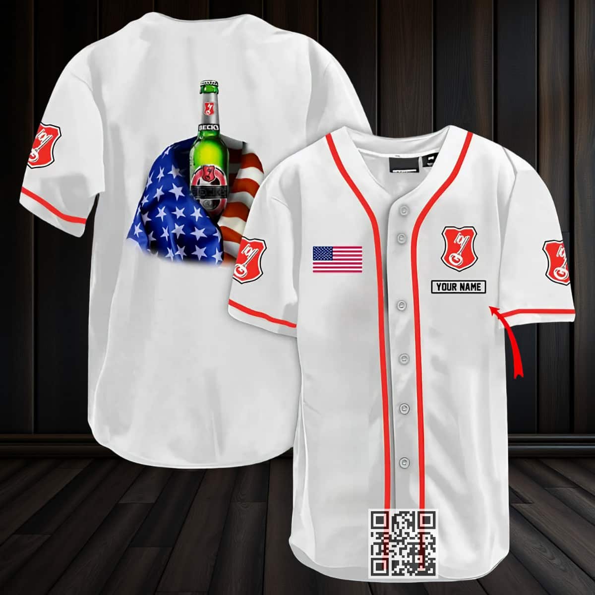 Personalized Beck's Beer Baseball Jersey US Flag Custom Name Personalized Beck's Beer Baseball Jersey US Flag Custom Name