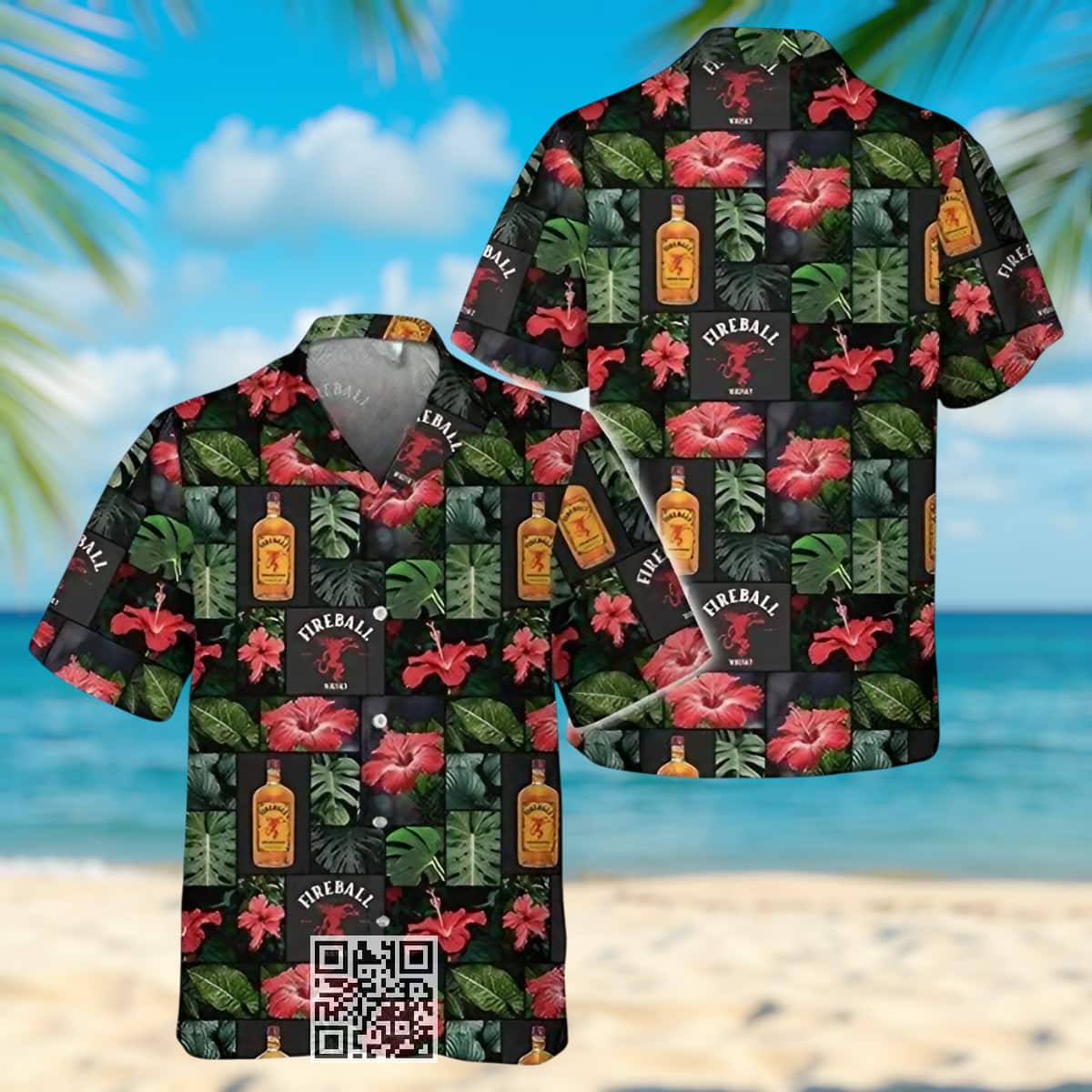 Fireball Whisky Hawaiian Shirt Palm Leaves Hibiscus Flower Pattern
