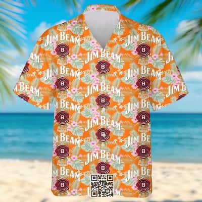Orange Jim Beam Hawaiian Shirt Hibiscus Flower Pattern
