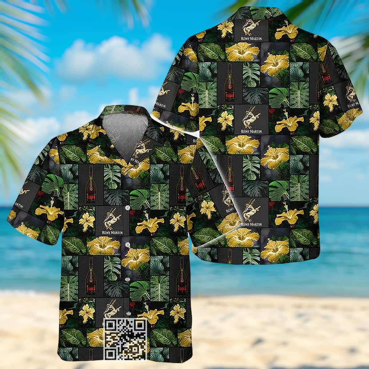 Remy Martin Hawaiian Shirt Hibiscus Flower Palm Leaf Pattern