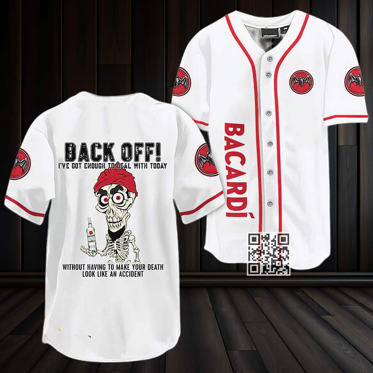 White Achmed Back Off With Bacardi Rum Baseball Jersey White Achmed Back Off With Bacardi Rum Baseball Jersey