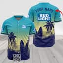 Personalized Bud Light Baseball Jersey Palm Tree Surfboard Custom Name Personalized Bud Light Baseball Jersey Palm Tree Surfboard Custom Name