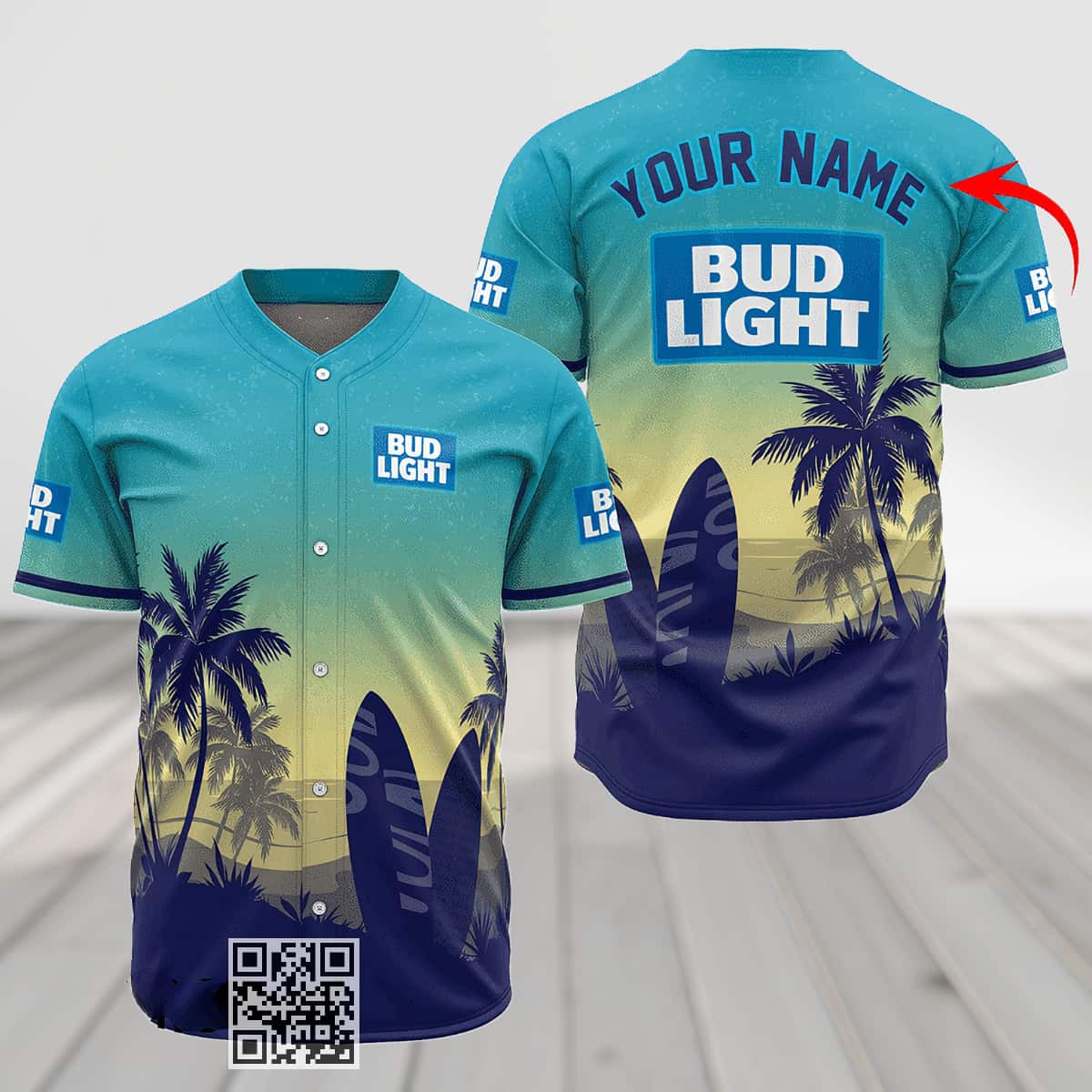 Personalized Bud Light Baseball Jersey Palm Tree Surfboard Custom Name Personalized Bud Light Baseball Jersey Palm Tree Surfboard Custom Name