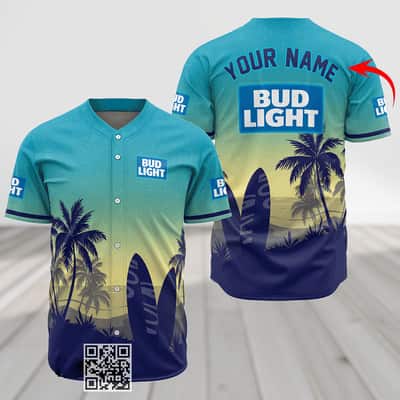 Personalized Bud Light Baseball Jersey Palm Tree Surfboard Custom Name