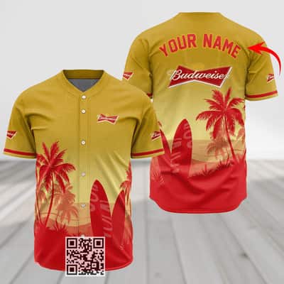 Personalized Budweiser Beer Baseball Jersey Palm Tree Surfboard Custom Name Personalized Budweiser Beer Baseball Jersey Palm Tree Surfboard Custom Name