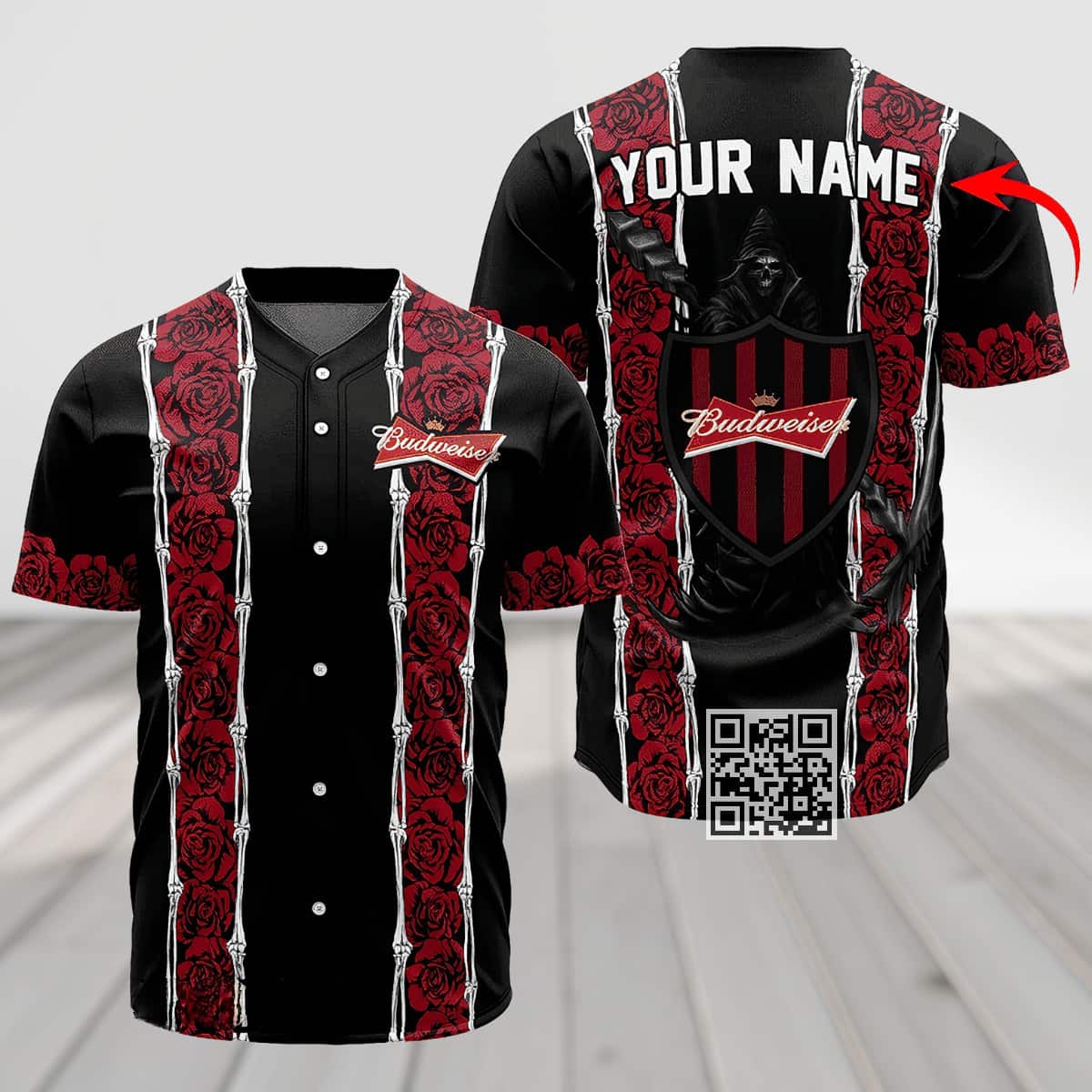 Personalized Budweiser Beer Baseball Jersey Red Skeleton Rose Custom Name Personalized Budweiser Beer Baseball Jersey Red Skeleton Rose Custom Name