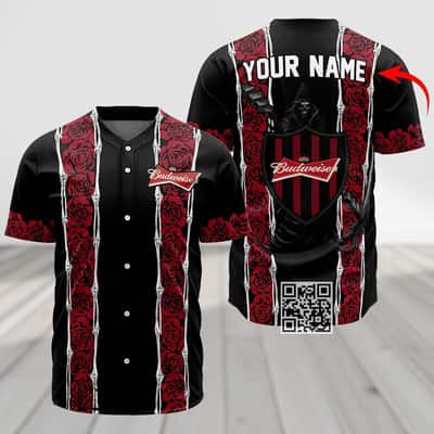 Personalized Budweiser Beer Baseball Jersey Red Skeleton Rose Custom Name