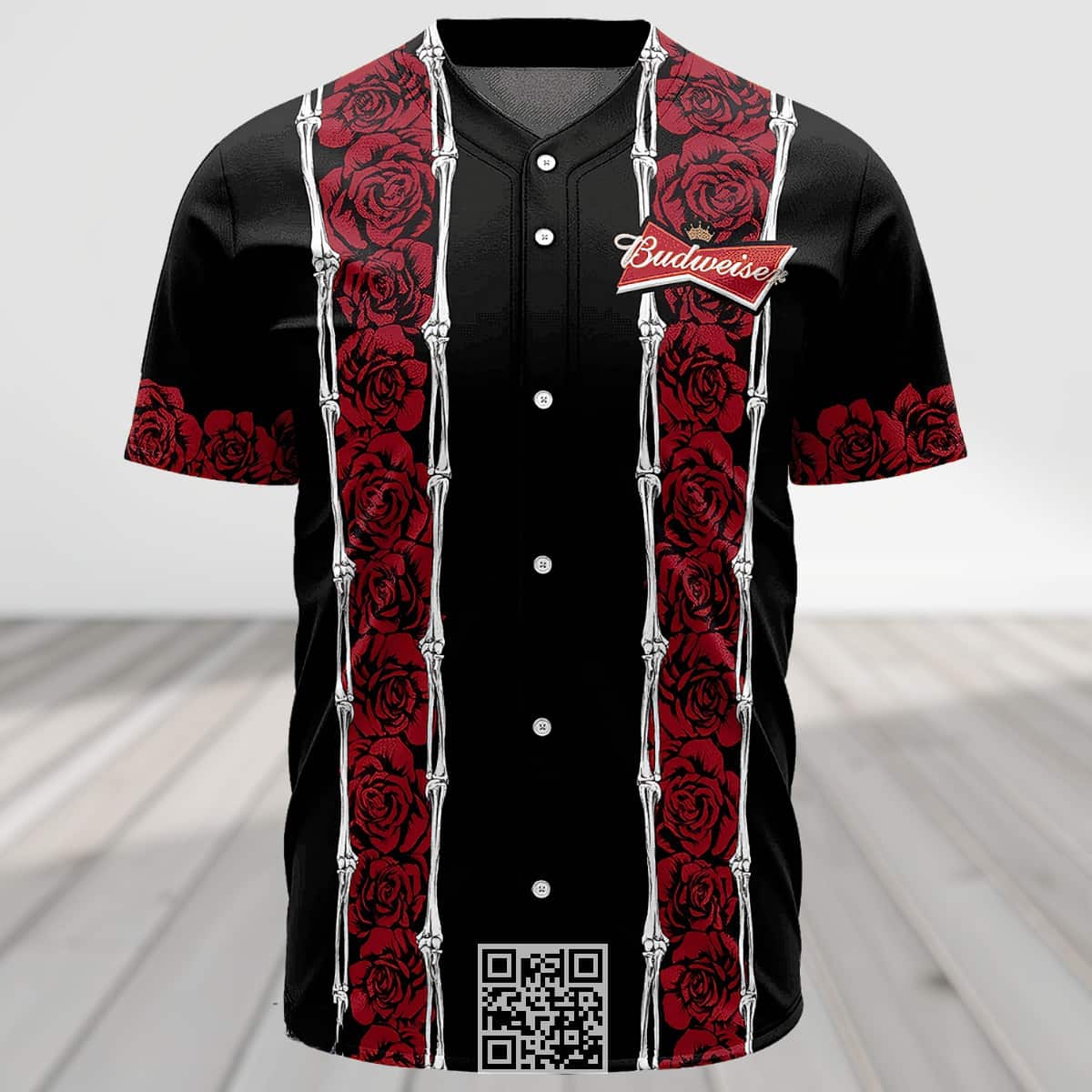 Personalized Budweiser Beer Baseball Jersey Red Skeleton Rose Custom Name Personalized Budweiser Beer Baseball Jersey Red Skeleton Rose Custom Name