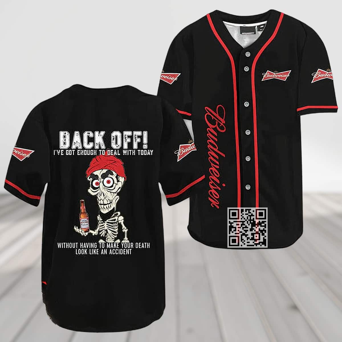 Black Achmed Back Off With Budweiser Beer Baseball Jersey Black Achmed Back Off With Budweiser Beer Baseball Jersey