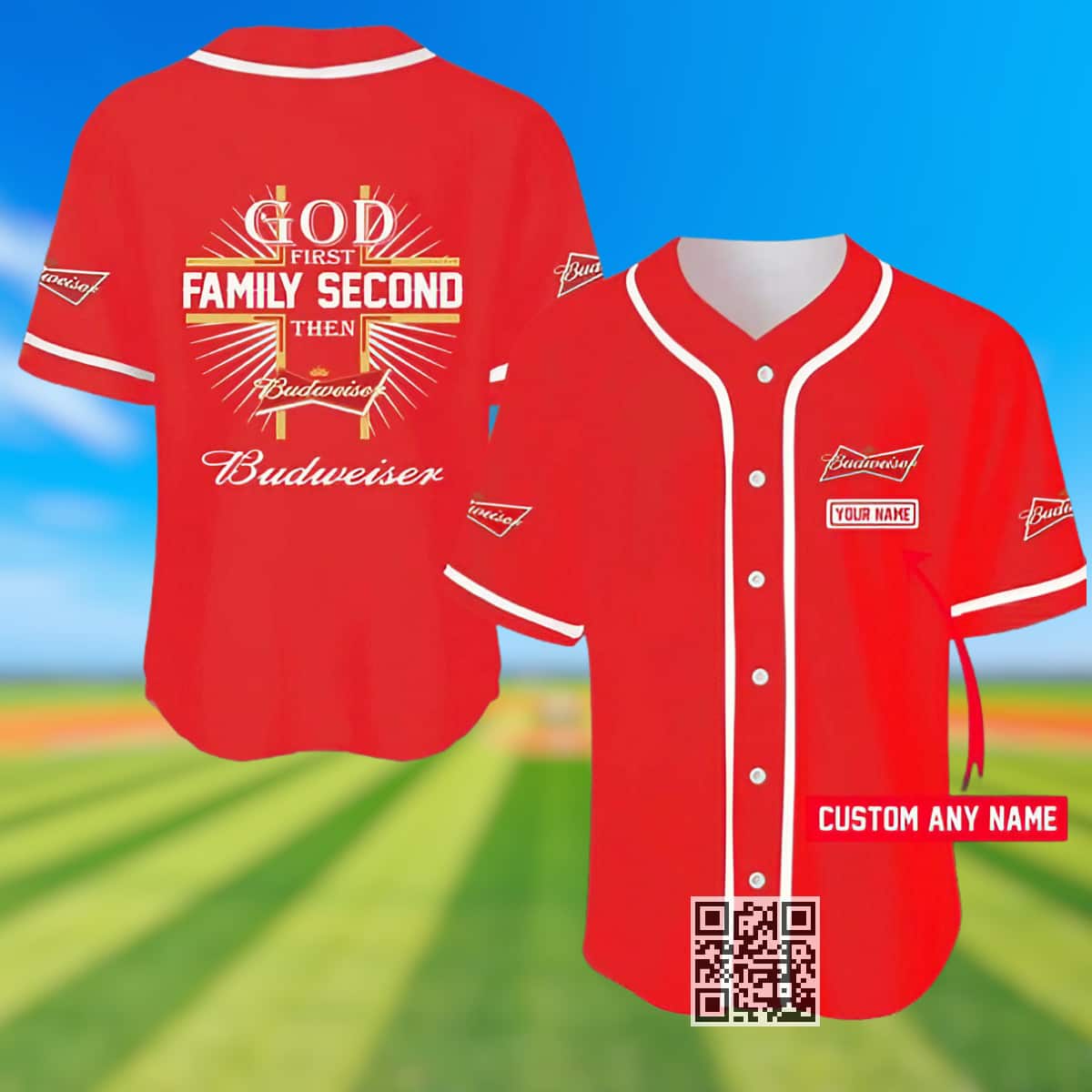 Personalized God First Family Second Then Budweiser Beer Baseball Jersey Personalized God First Family Second Then Budweiser Beer Baseball Jersey
