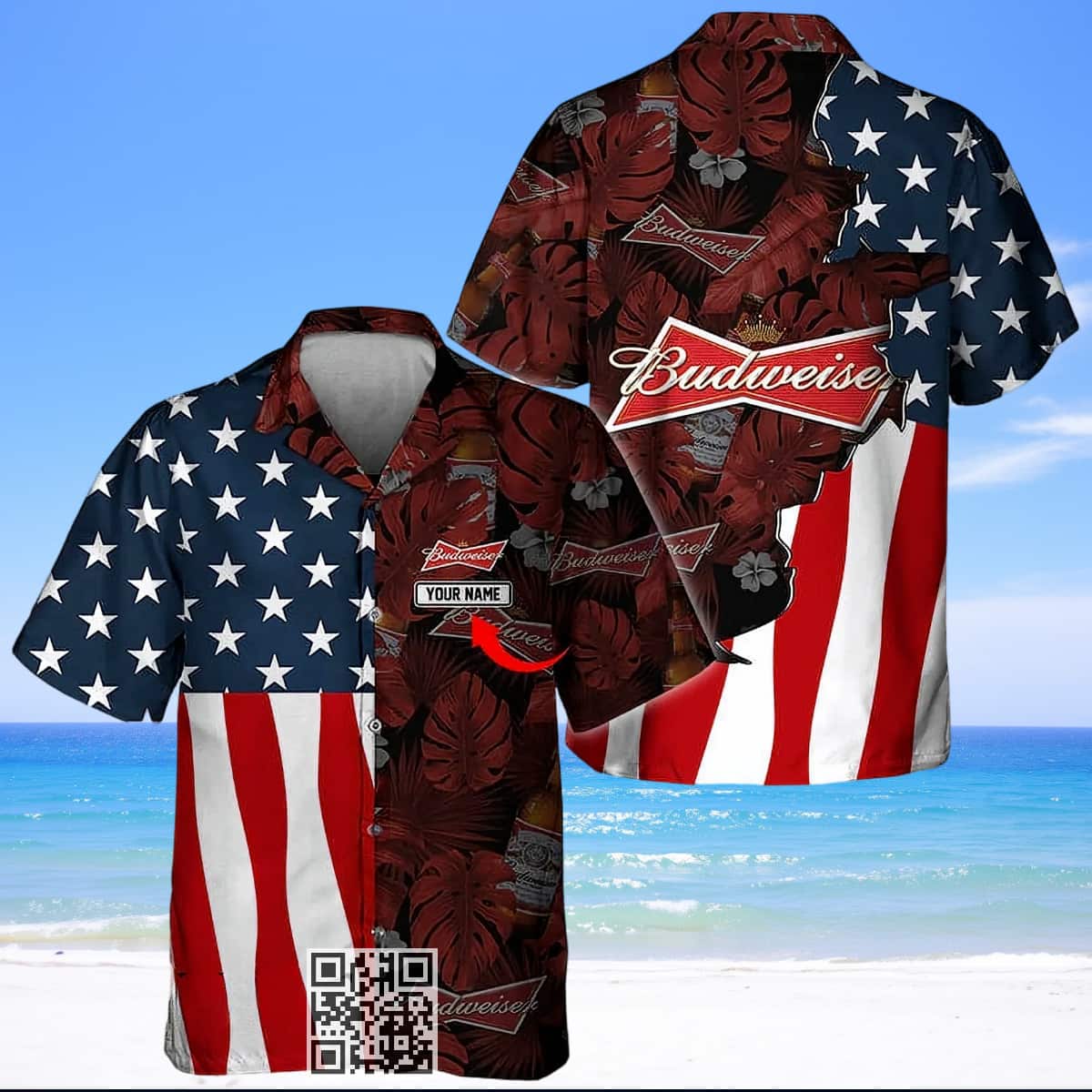 Personalized Budweiser Beer Hawaiian Shirt US Flag Palm Leaves Pattern Custom Name Personalized Budweiser Beer Hawaiian Shirt US Flag Palm Leaves Pattern Custom Name
