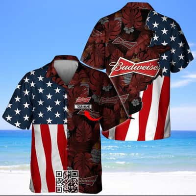 Personalized Budweiser Beer Hawaiian Shirt US Flag Palm Leaves Pattern Custom Name