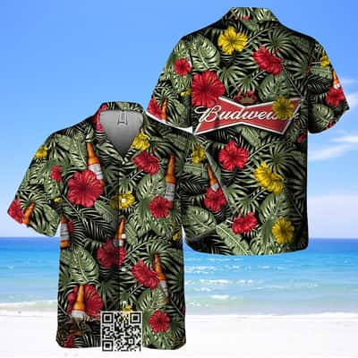 Budweiser Beer Hawaiian Shirt Hibiscus Flower Palm Leaves Pattern Budweiser Beer Hawaiian Shirt Hibiscus Flower Palm Leaves Pattern