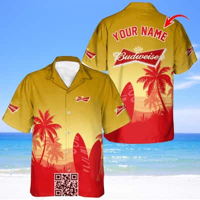 Personalized Budweiser Beer Hawaiian Shirt Surfboard Palm Tree Custom Name