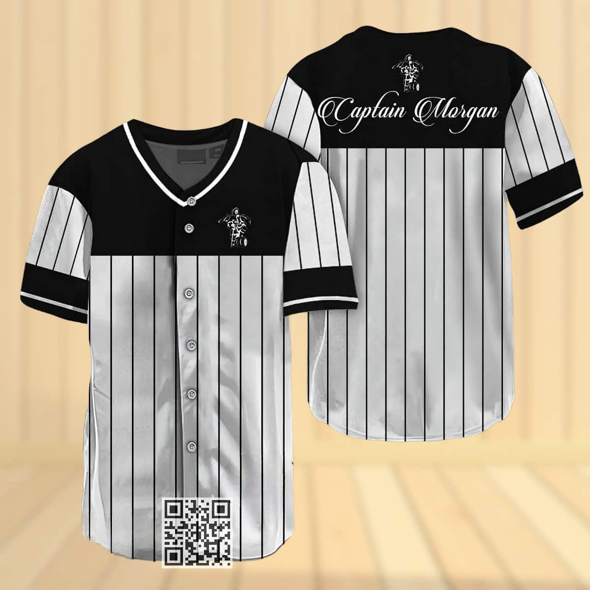 White Captain Morgan Baseball Jersey Black Vertical Striped White Captain Morgan Baseball Jersey Black Vertical Striped