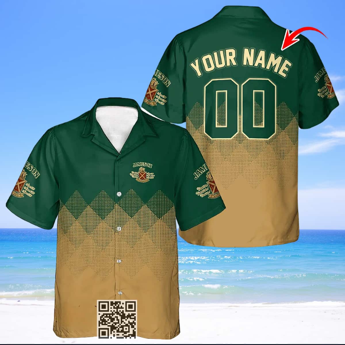 Personalized Jameson Whiskey Hawaiian Shirt Beige And Green Halftone Custom Name Personalized Jameson Whiskey Hawaiian Shirt Beige And Green Halftone Custom Name