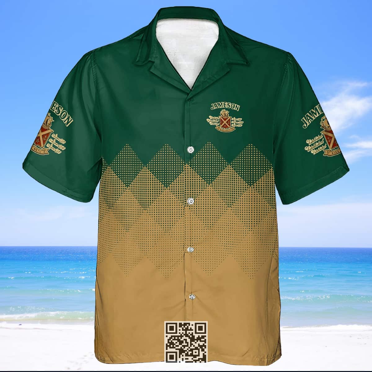 Personalized Jameson Whiskey Hawaiian Shirt Beige And Green Halftone Custom Name Personalized Jameson Whiskey Hawaiian Shirt Beige And Green Halftone Custom Name