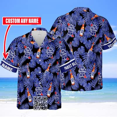 Aloha Pabst Blue Ribbon Beer Hawaiian Shirt Custom Name Palm Leaves Pattern